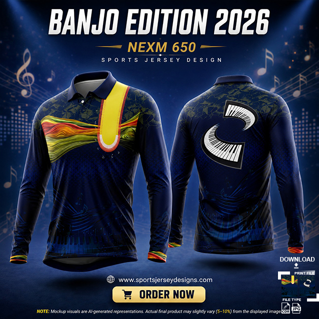 NEXM-650 NAVY BLUE AND YELLOW PATTERN MUSICAL BANJO GROUP SUBLIMATION JERSEY DESIGN IN ORANGE AND BLACK COLOR